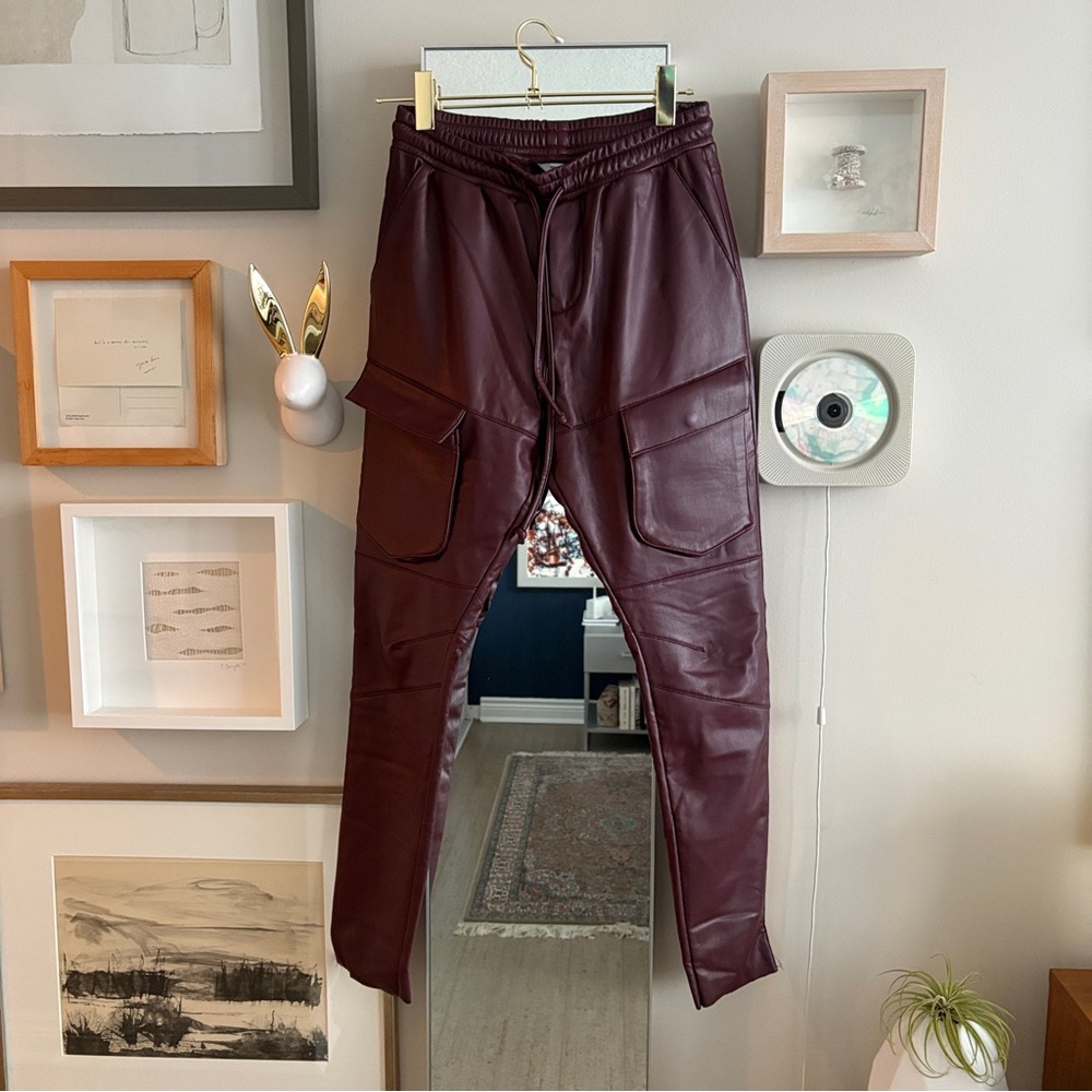 Burgundy Faux Leather Cargo Joggers, Penn & Ink NY